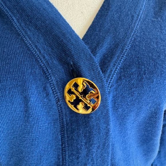 Tory Burch Blue 100% Merino Wool V-Neck Cardigan Sz S - Picture 2 of 5